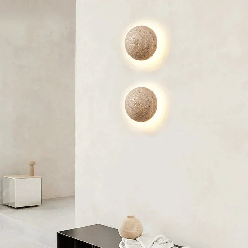 Round Led Marble Wall Sconce Taupe Color Natural Material Light Fixture - Minimalist Lamps