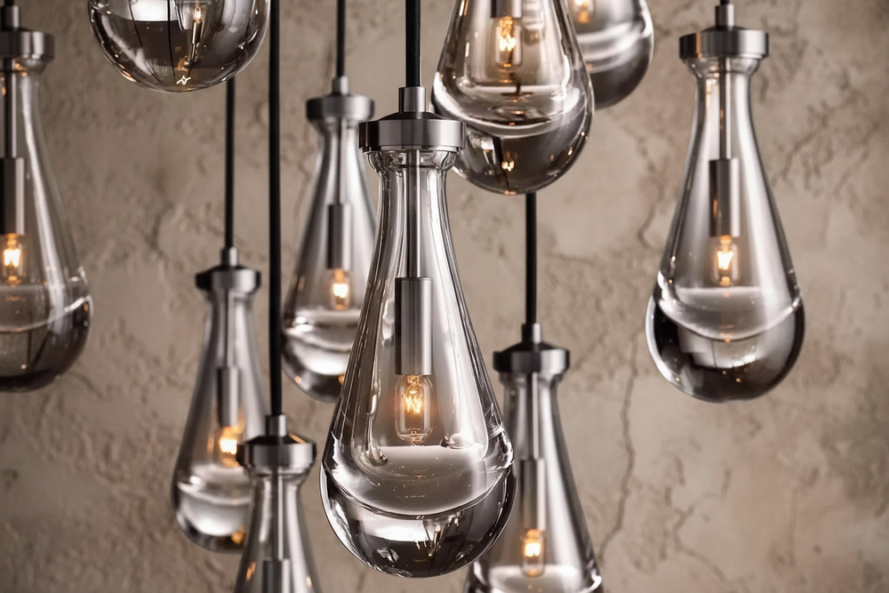 Raindrop Glass Chandelier – Luxury Round Brass Cascade Light