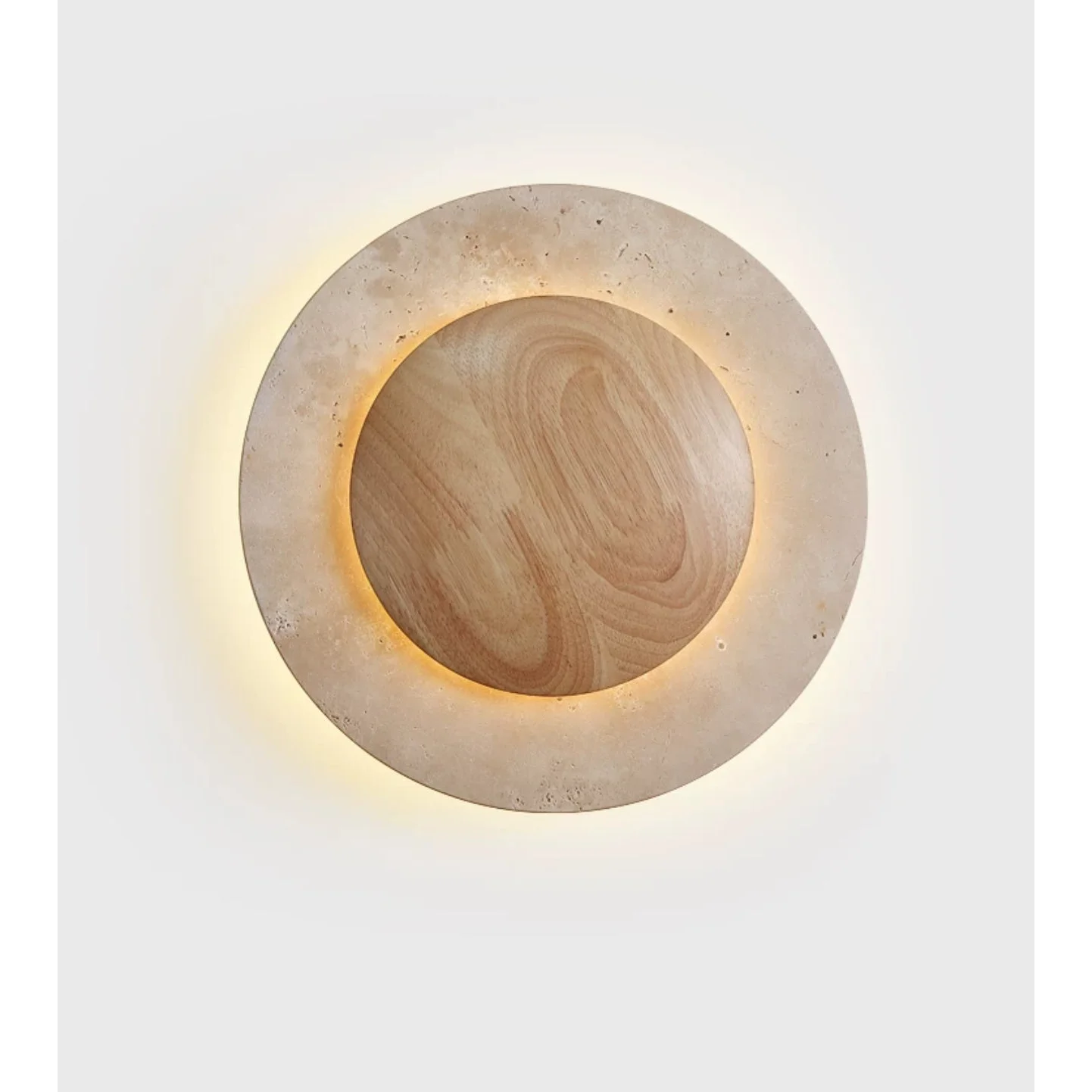 Minimalist Round Travertine and Wood Wall Lamp 25cm Diameter Warm Led Lighting