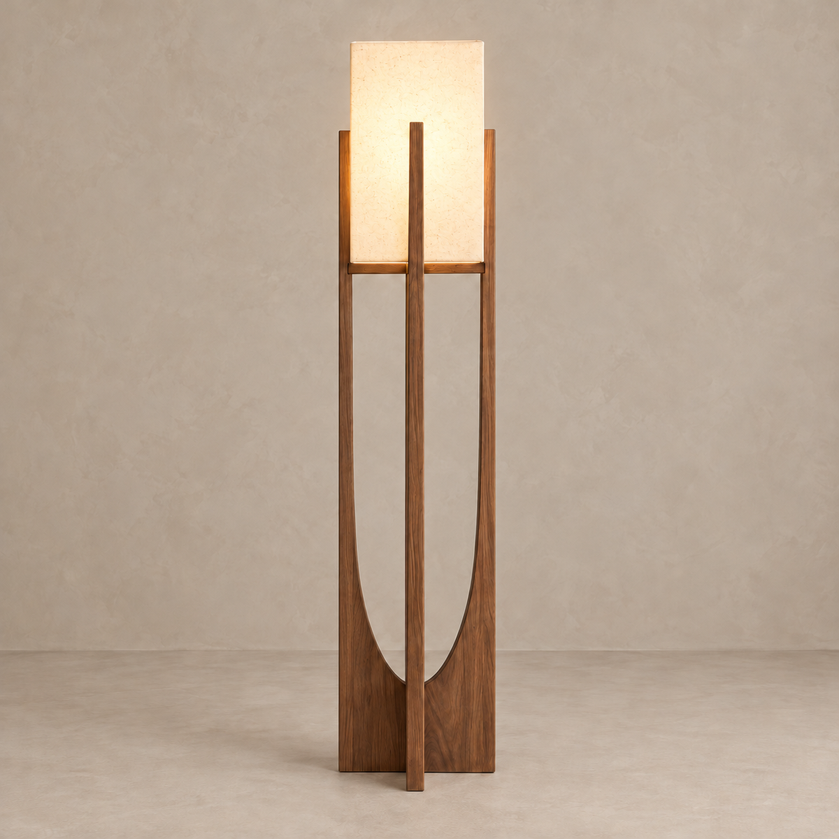 Large CL4255 walnut floor lamp illuminated, showing its rectangular shade and curved wood cutouts.