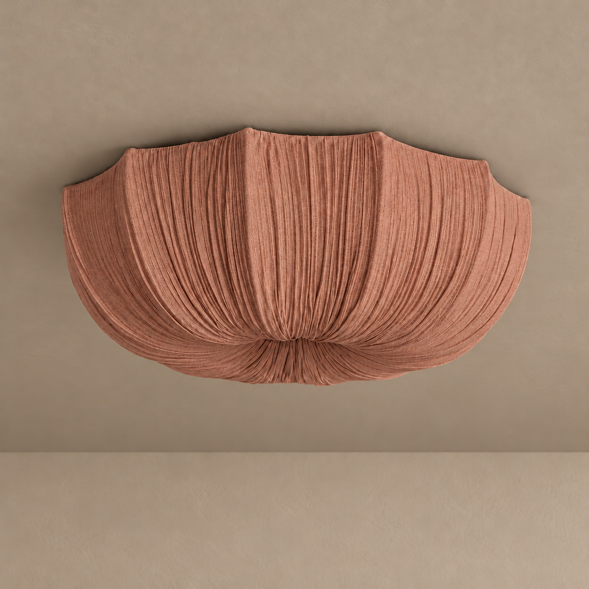 60 cm Sabina flush mount in clay-coloured linen, switched off.
