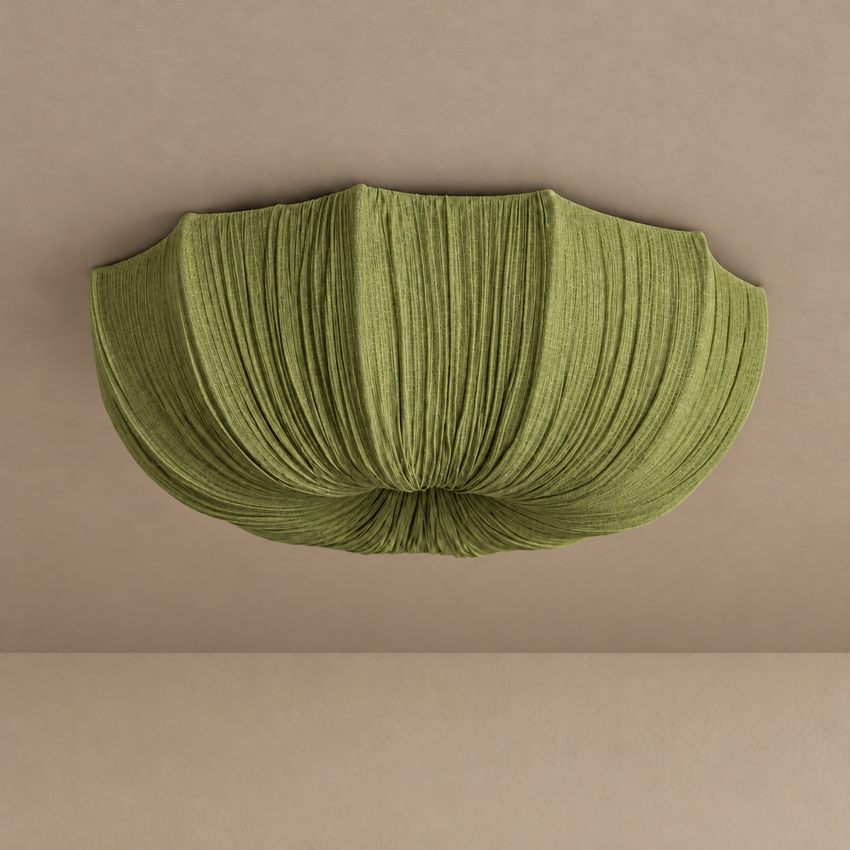 60 cm Sabina flush mount in olive-green linen, switched off.