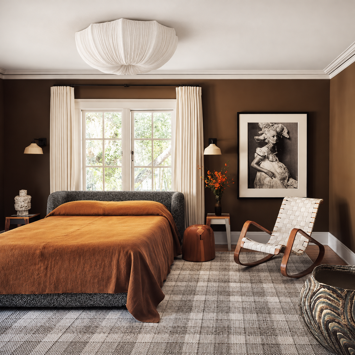 Sabina white linen flush mount installed in a brown bedroom with an ochre bedcover.