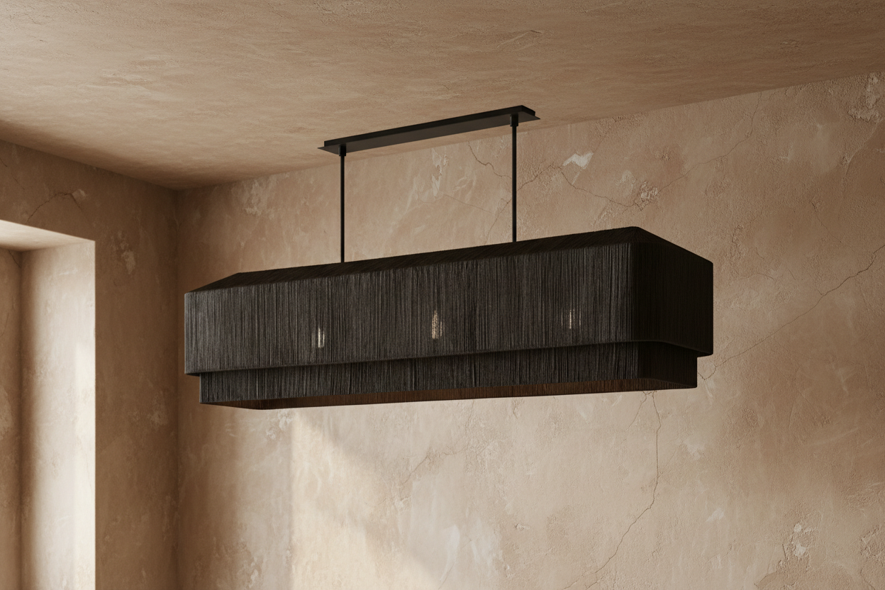 Linear Rattan Chandelier | Japandi & Wabi-sabi Dining Light | Hand-woven Black | Solid Brass Canopy | Casalola