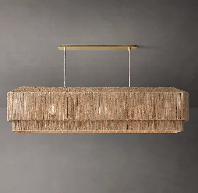 Linear Rattan Chandelier | Japandi & Wabi-sabi Dining Light | Hand-woven Natural or Black | Solid Brass Canopy