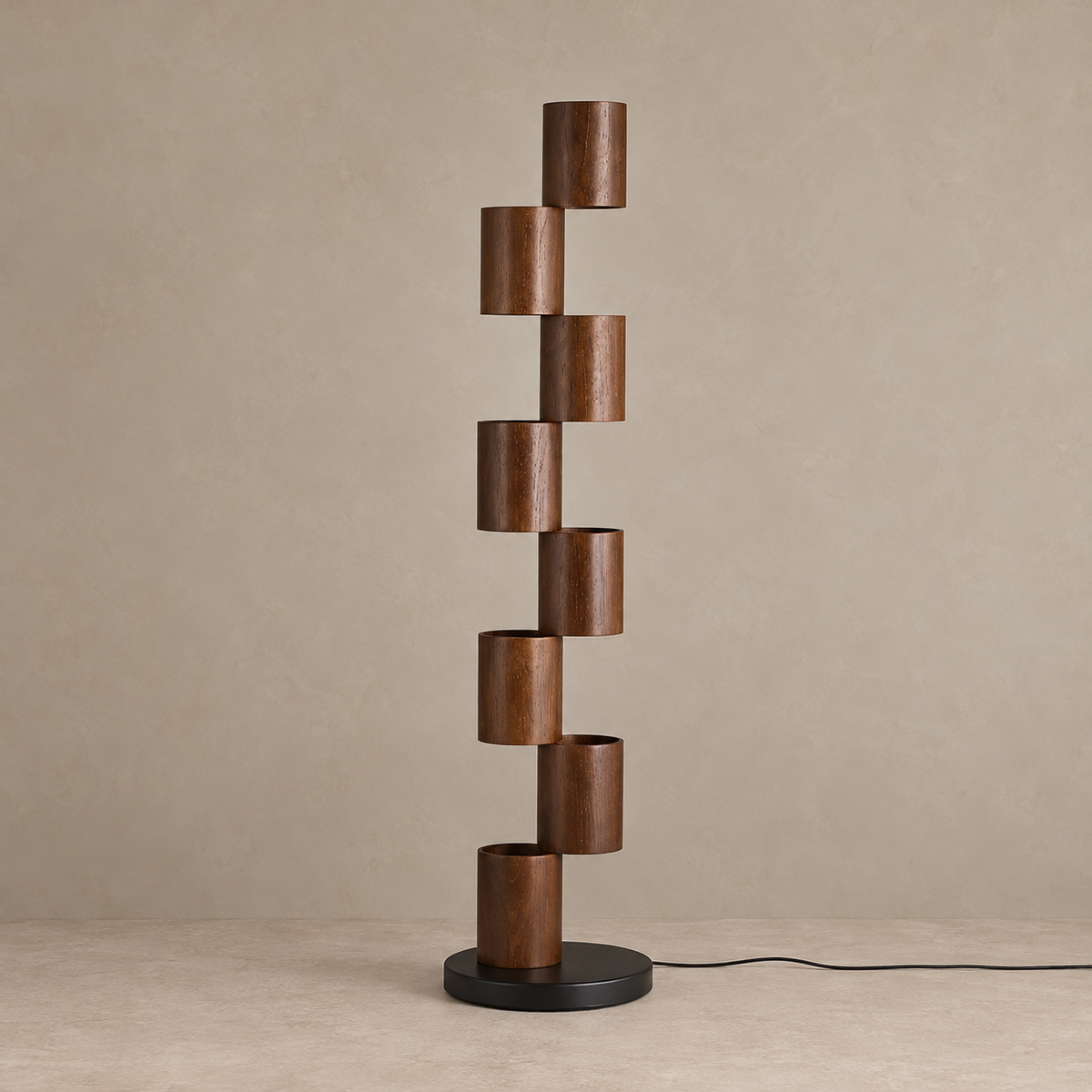 Scala CLFDX025 eight-step floor lamp in walnut, switched off on its black round base.