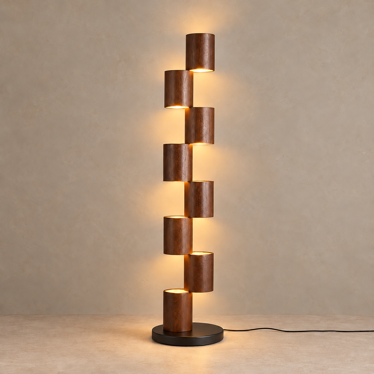 Scala CLFDX025 walnut floor lamp illuminated through its eight staggered cylindrical shades.