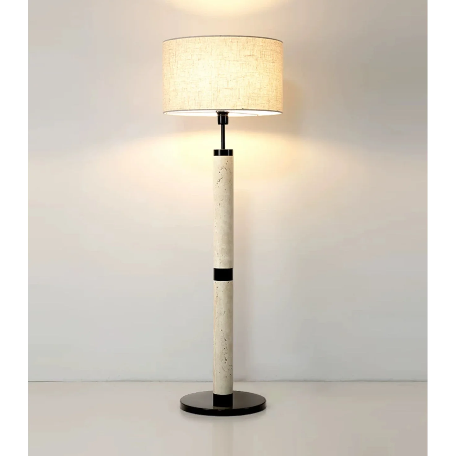 Travertine Column Floor Lamp | Minimalist Linen Shade Light