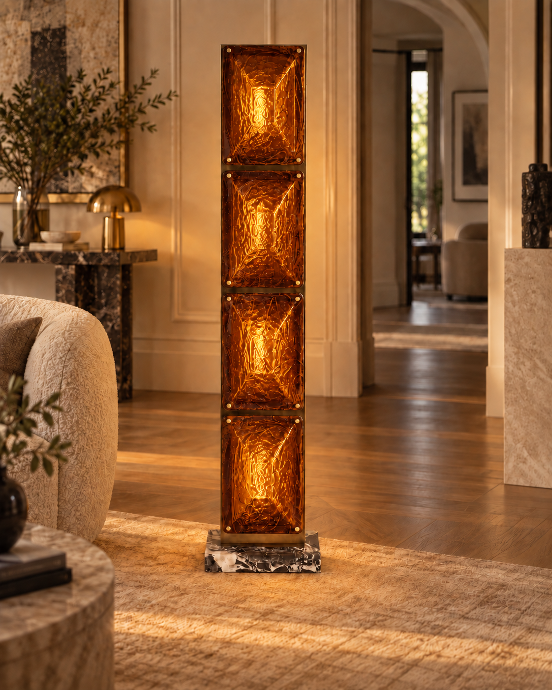 Art Deco Floor Lamp - Amber Tapered Glass & Brass | Modern Living Room Lighting Casalolalights Luxury Lamps