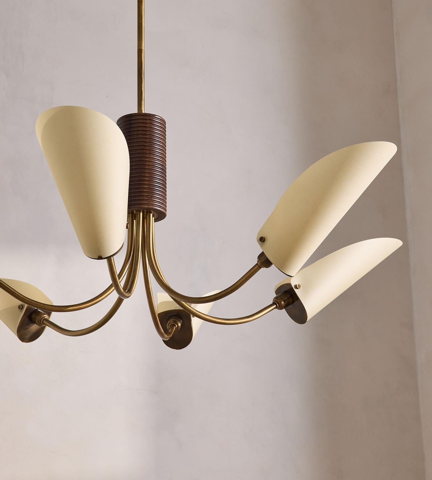 Mid-century Chandelier - Brass & Cream Fabric Shades | Modern Dining Room Lighting Casalolalights Luxury Lamps