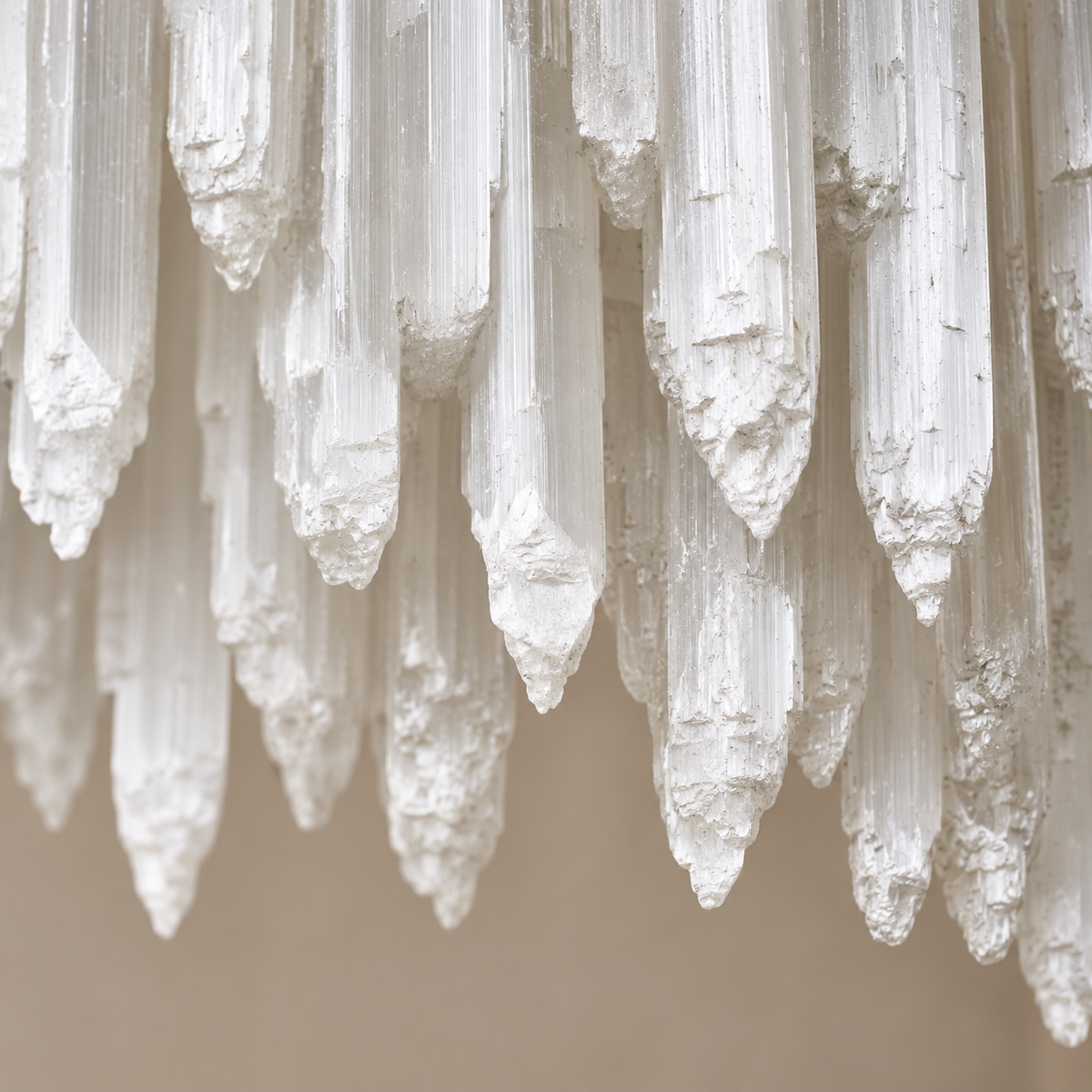 Close-up of natural selenite crystals showing fine parallel fibres, translucent layers and irregular ends.