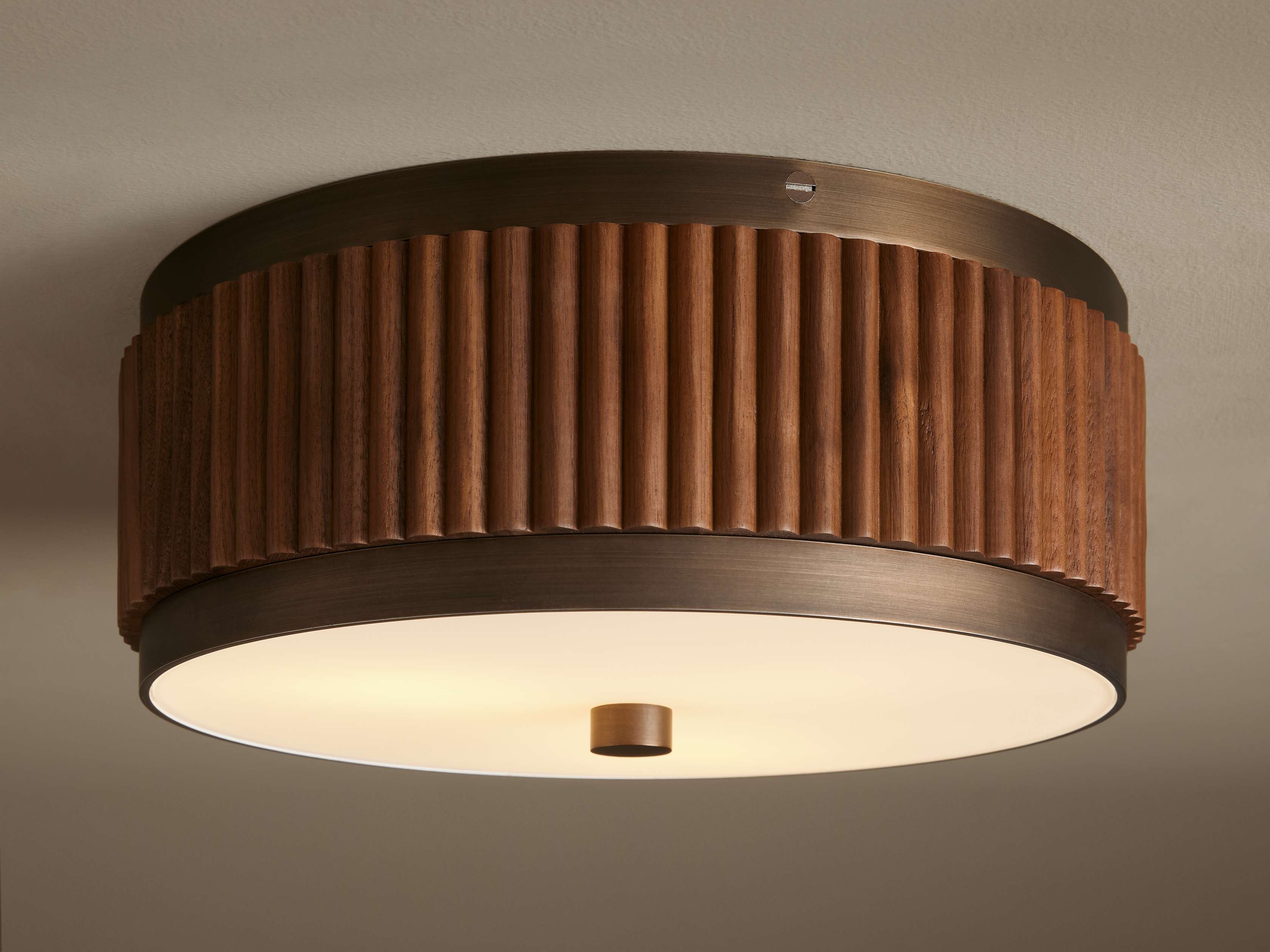 Fluted Walnut and Bronze Flush Mount with Opal Glass Modern Bedroom Hallway or Low Ceiling Light Fixture Casalolalights