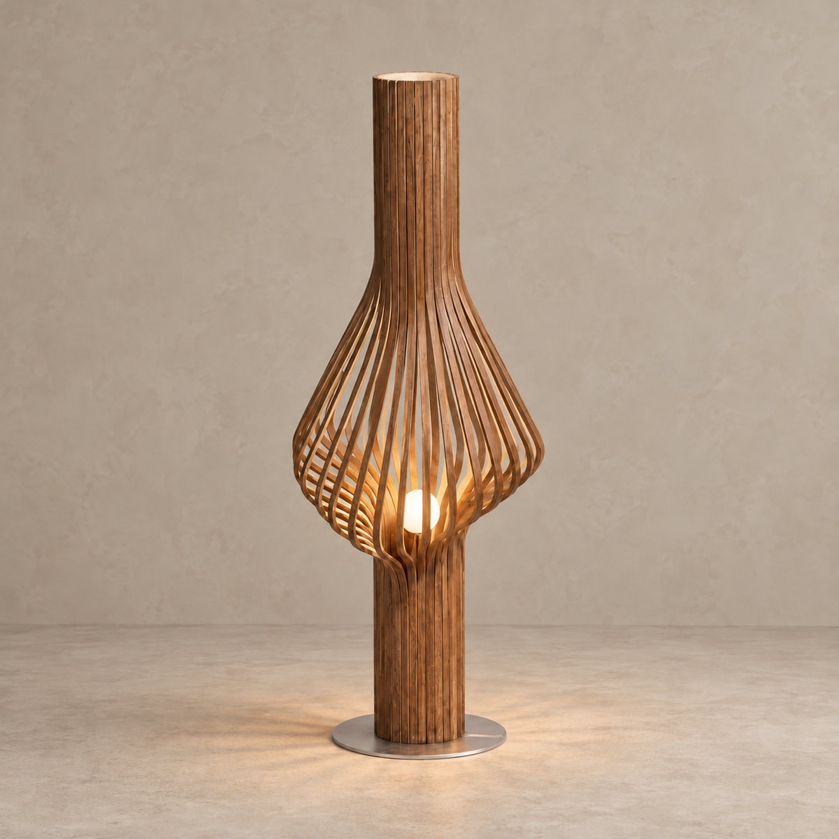Illuminated white globe inside the curved walnut slats of the Serenity floor lamp.
