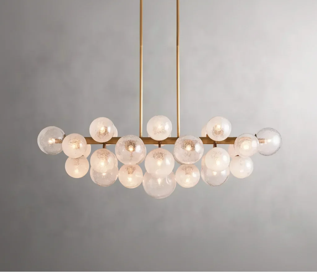 Linear Glass Globe Chandelier for Dining Room or Kitchen Island | Brass Bar 51 Inch Long 31 Lights Casalola Luxury