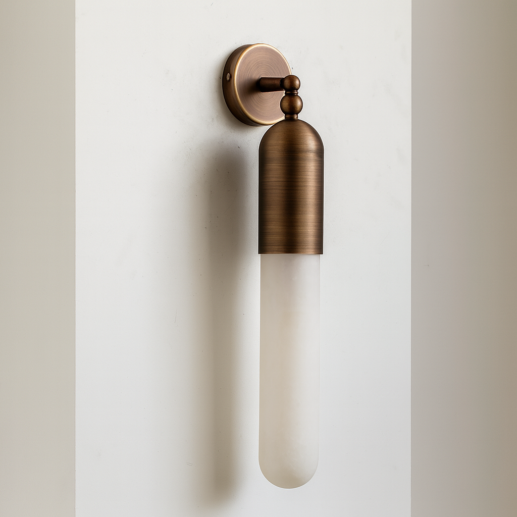 Alabaster Tube Wall Sconce – Slim 28 Cm Brass Light with Warm Led for Bedroom Hallway or Vanity