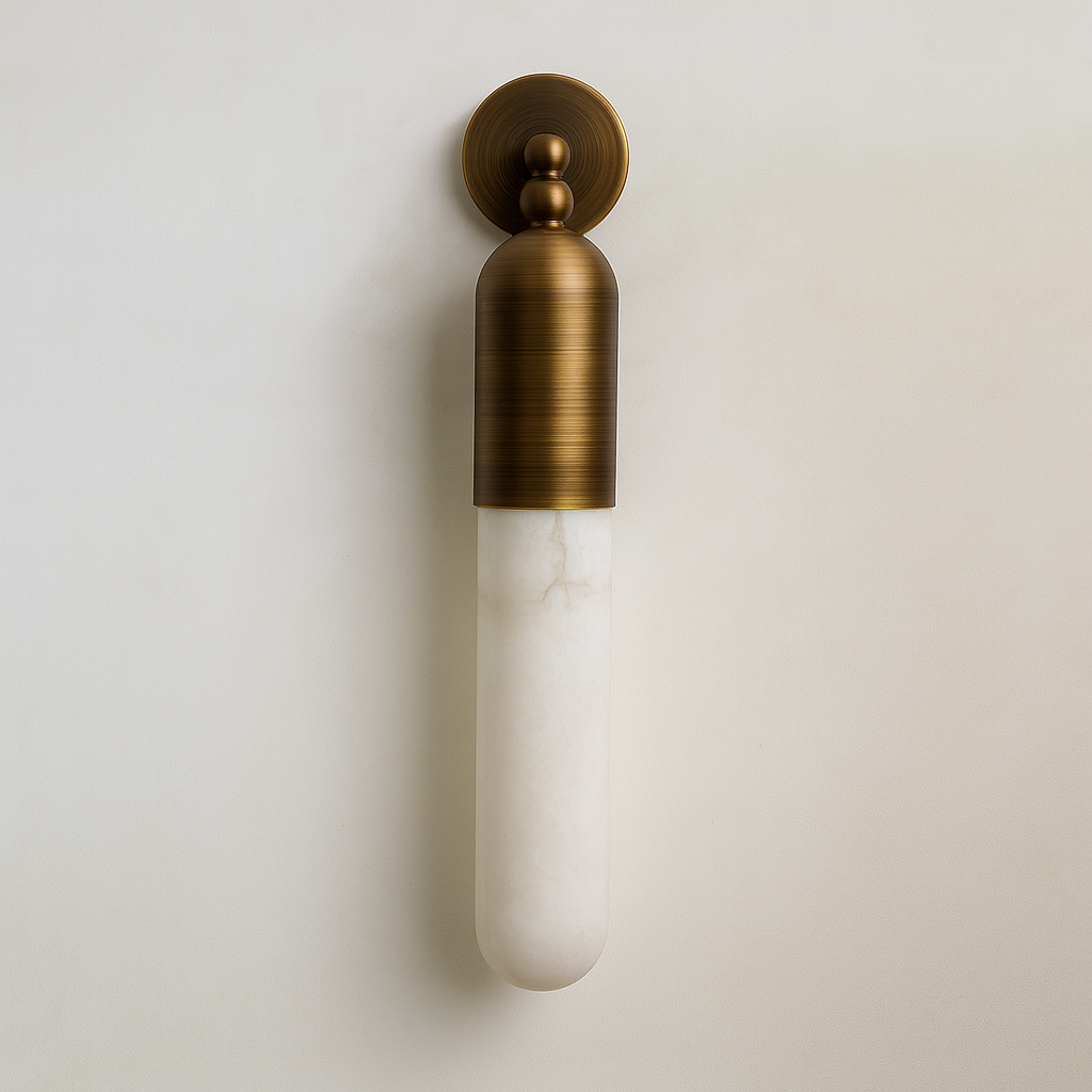 Alabaster Tube Wall Sconce – Slim 28 Cm Brass Light with Warm Led for Bedroom Hallway or Vanity