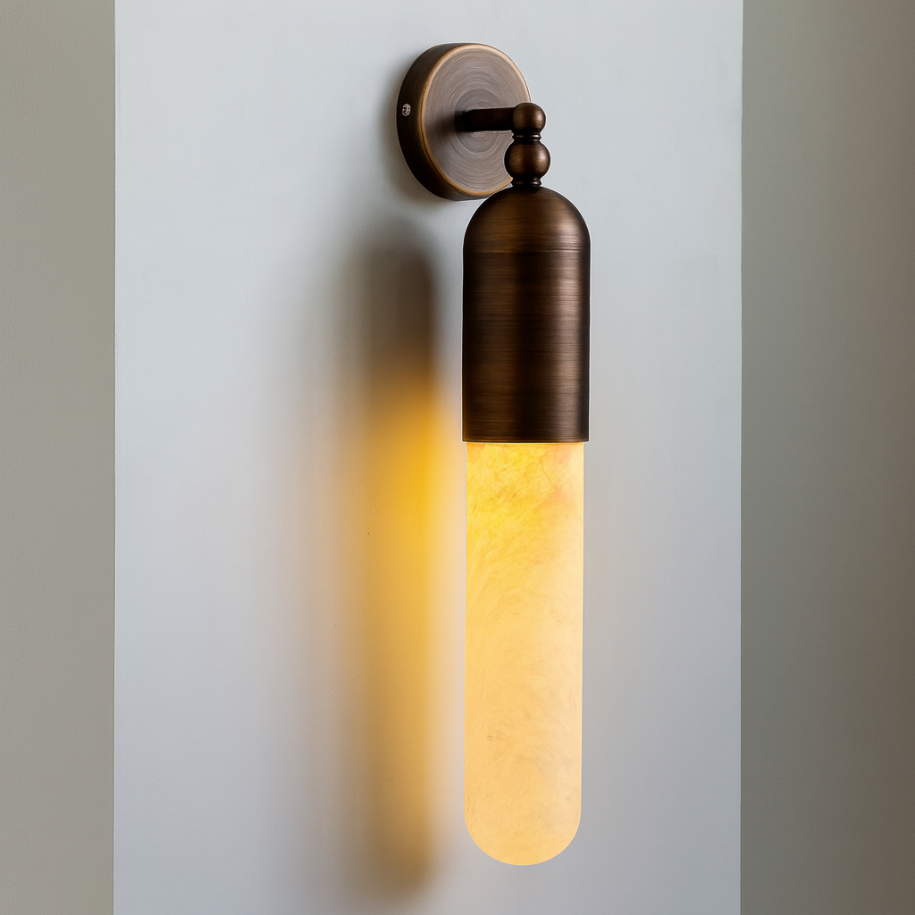 Alabaster Tube Wall Sconce – Slim 28 Cm Brass Light with Warm Led for Bedroom Hallway or Vanity