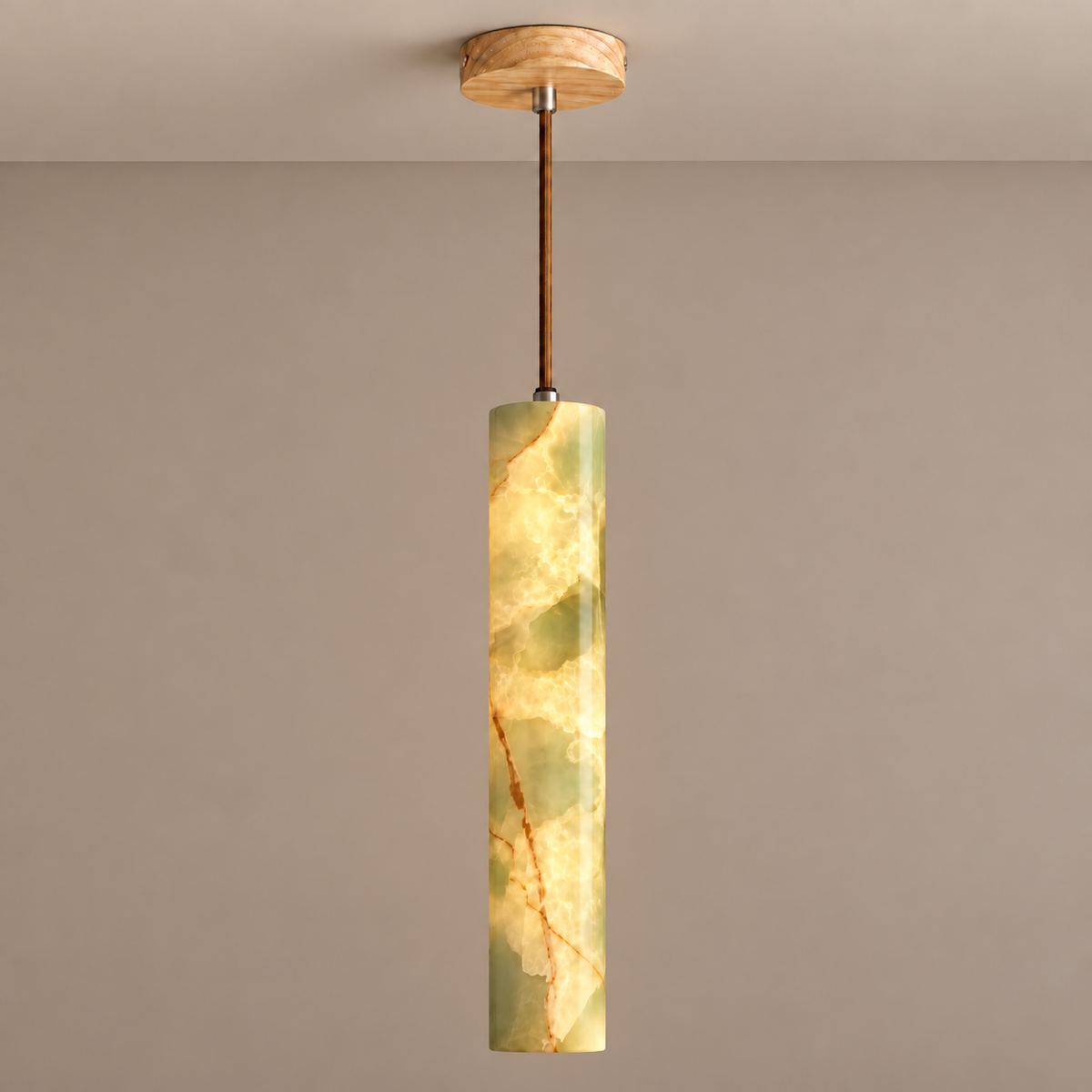 Green Onyx Pendant Light with Slim Stone illuminated, with the same natural stone bands visible. 35 cm high × 6 cm diameter; adjustable cable up to 170 cm.