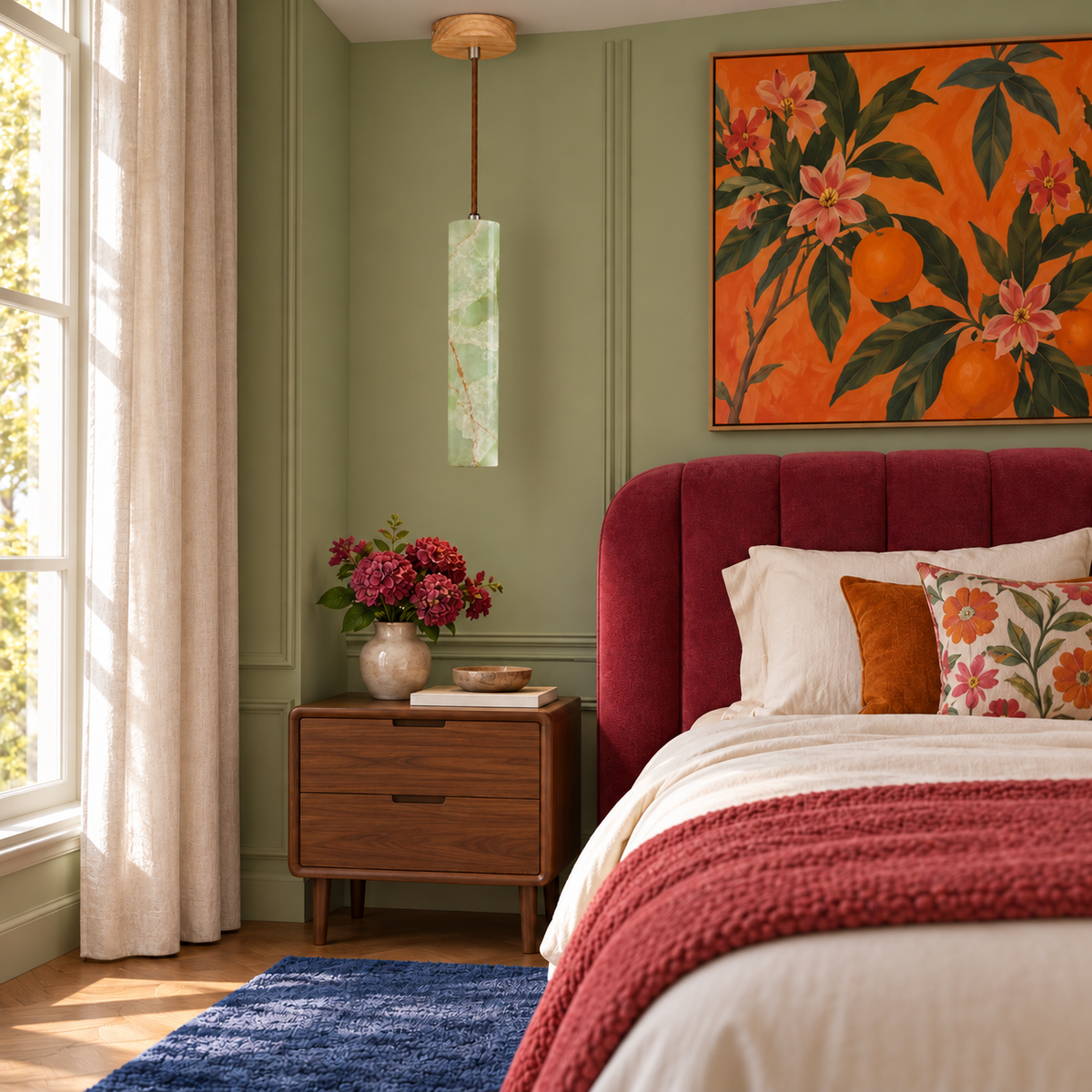 Green Onyx Pendant Light with Slim Stone beside a burgundy upholstered bed, shown in natural daylight.
