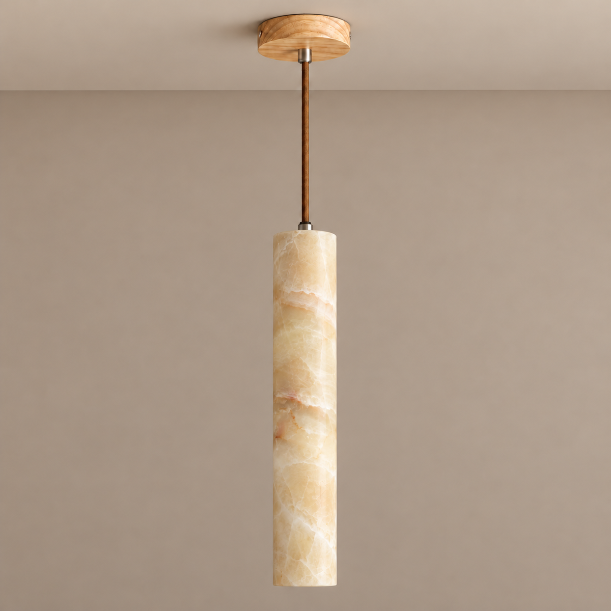 35 cm slim honey onyx pendant with a wooden canopy and textile cable, switched off.