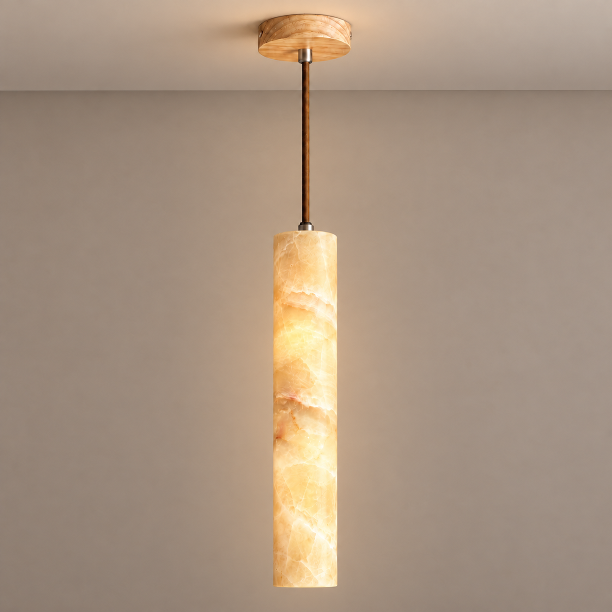 35 cm slim honey onyx pendant with a wooden canopy and textile cable, illuminated.