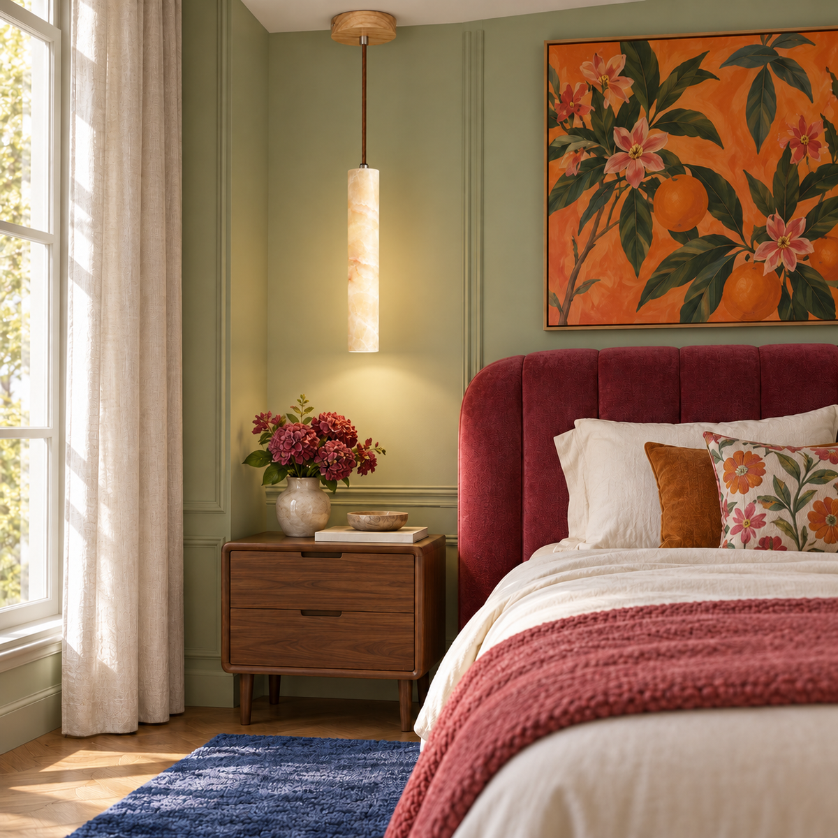 Slim honey onyx pendant beside a red upholstered bed in a green bedroom.