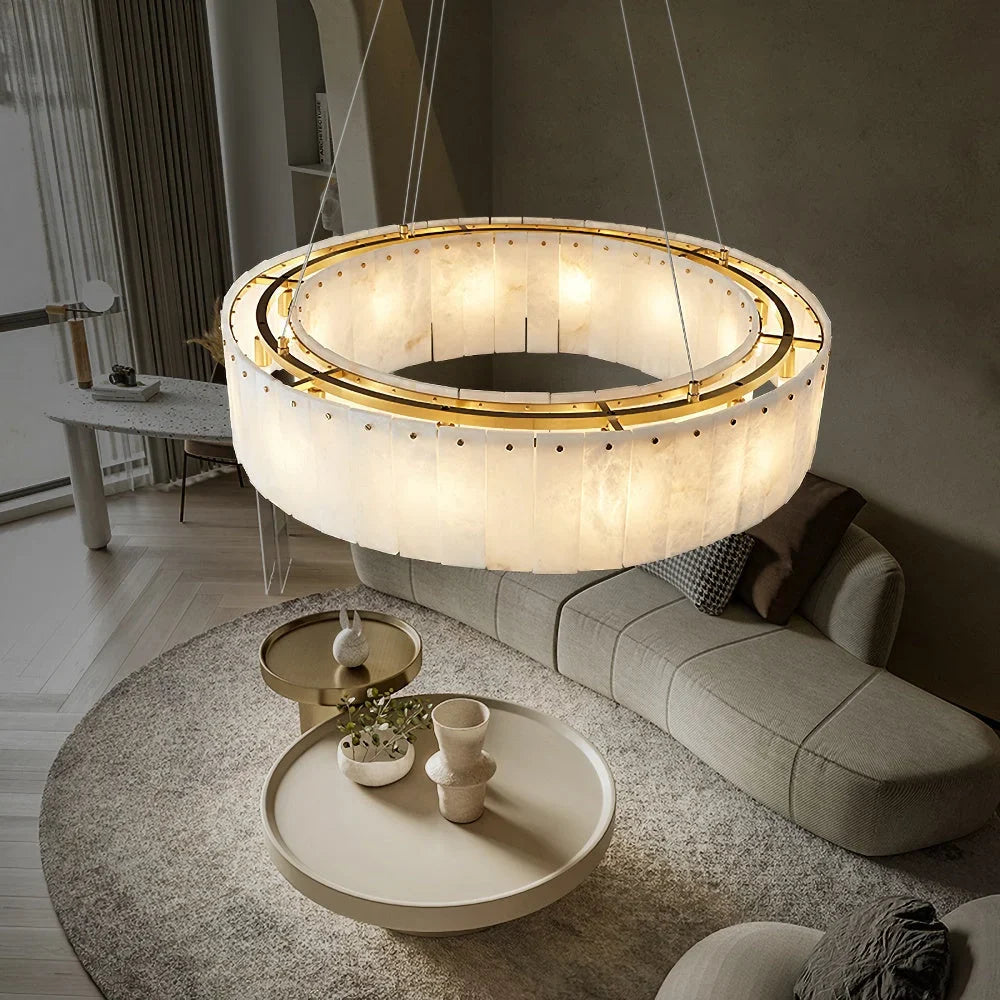Alabaster drum chandelier in a foyer