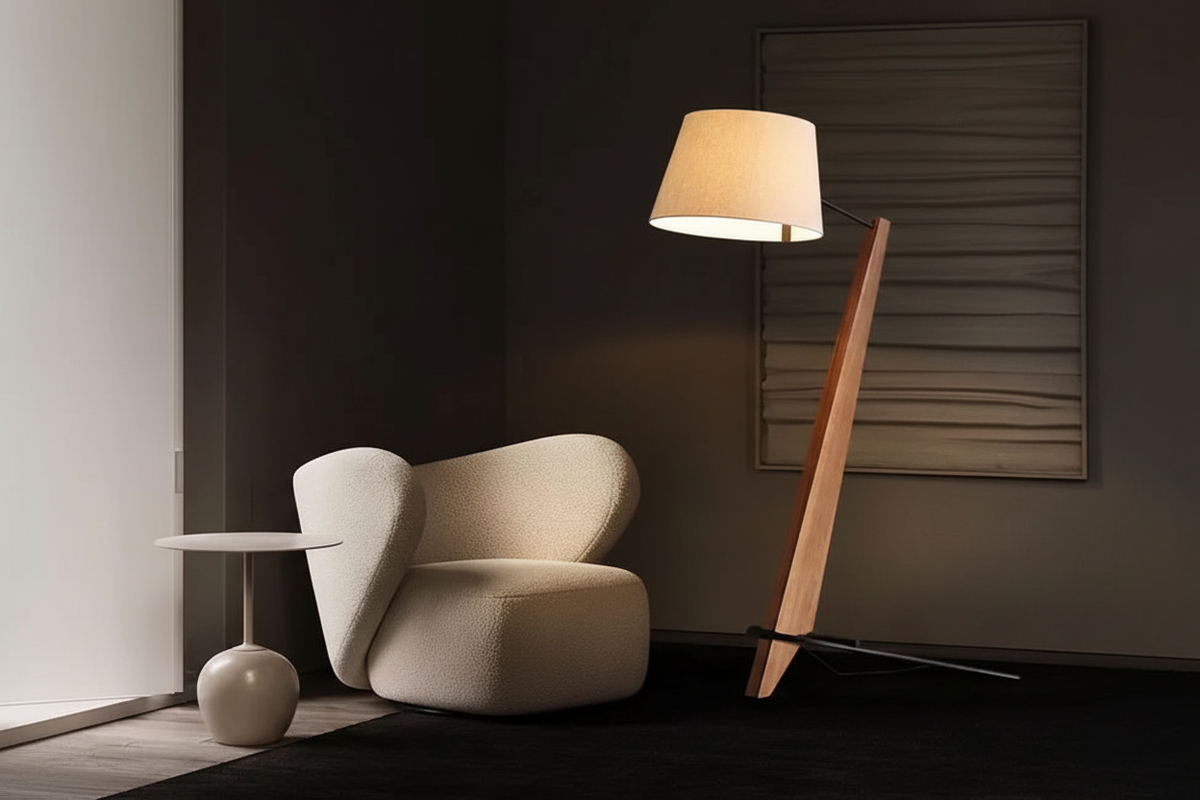 Solid Walnut Floor Lamp 180cm | Angled Wood Standing with Fabric Shade Japandi Living & Reading Casalolalights Luxury