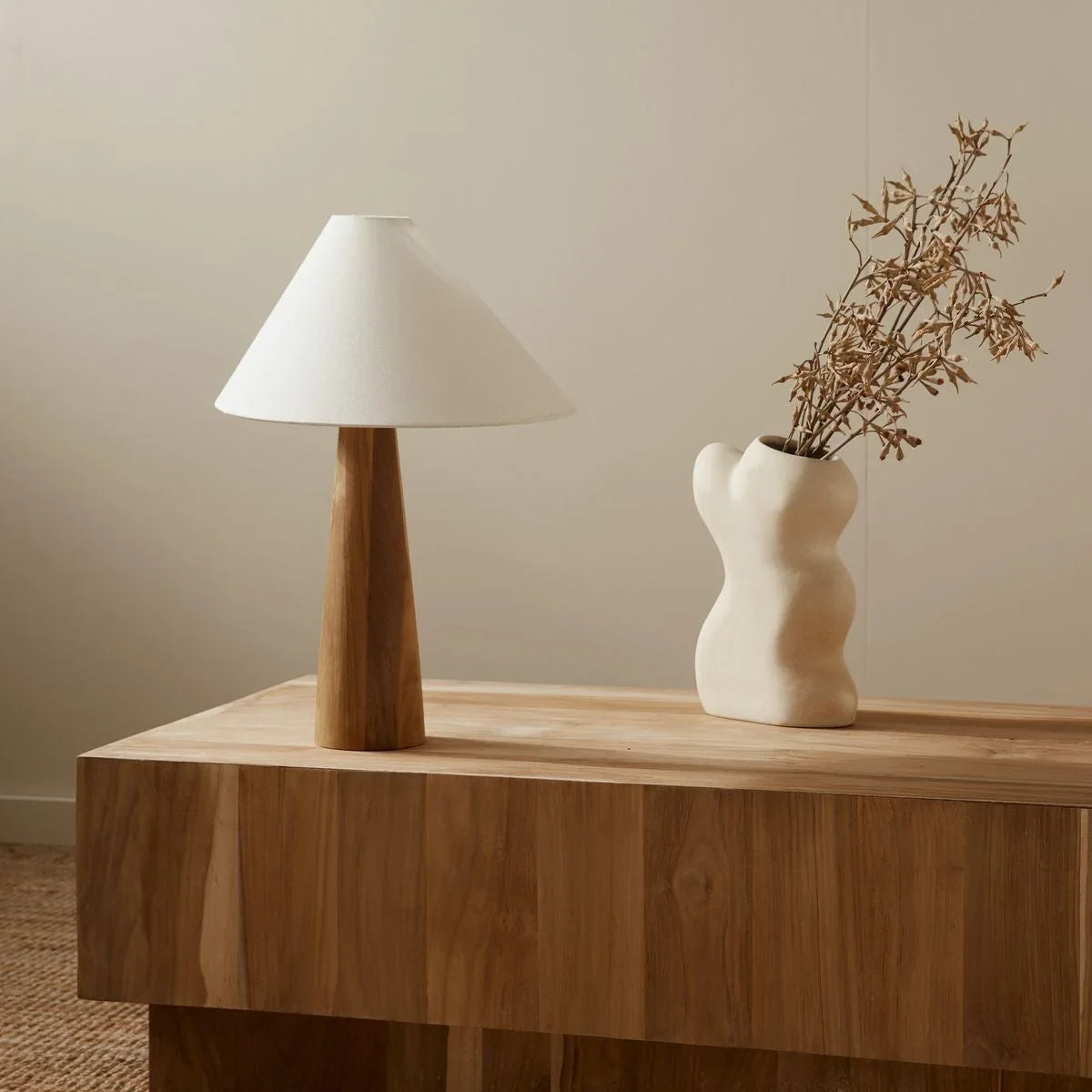 Wood Table Lamp 45cm | Solid Tapered Base & Cone Shade Japandi Wabi-sabi Bedside Console Casalolalights Luxury Lamps