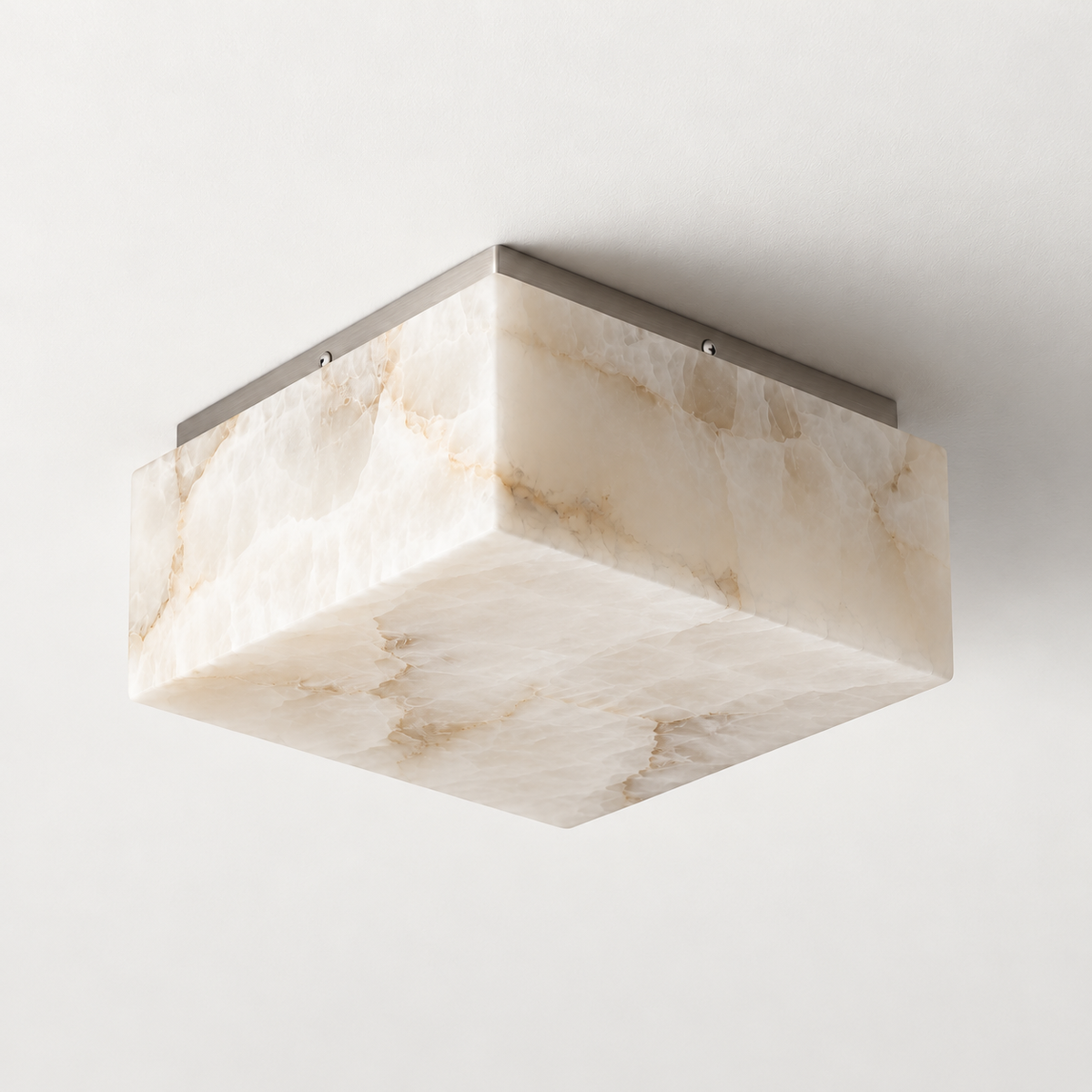 Square alabaster flush mount with silver ceiling frame, switched off.