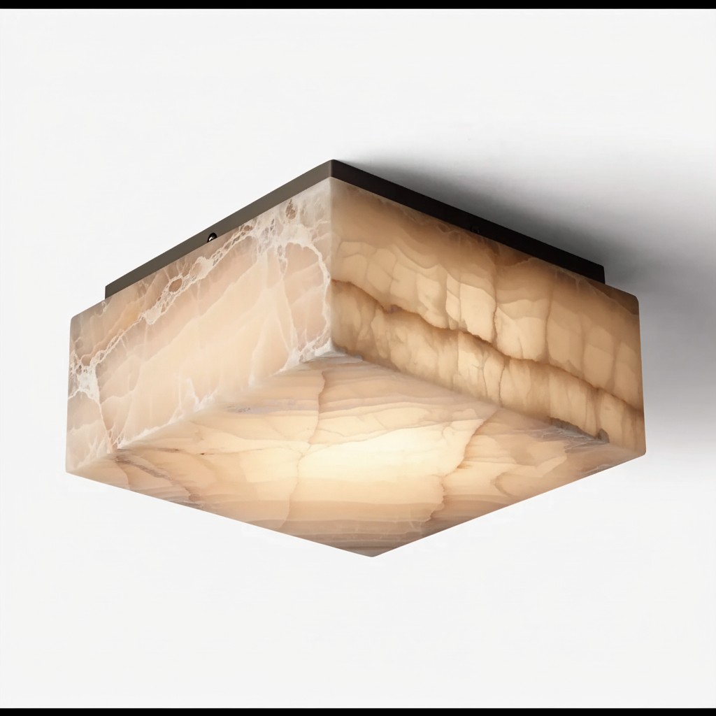 Square Alabaster Flush Mount | Solid Carved-stone & Brass Ceiling Light 35-60cm Ip65 Bathroom Casalolalights Luxury
