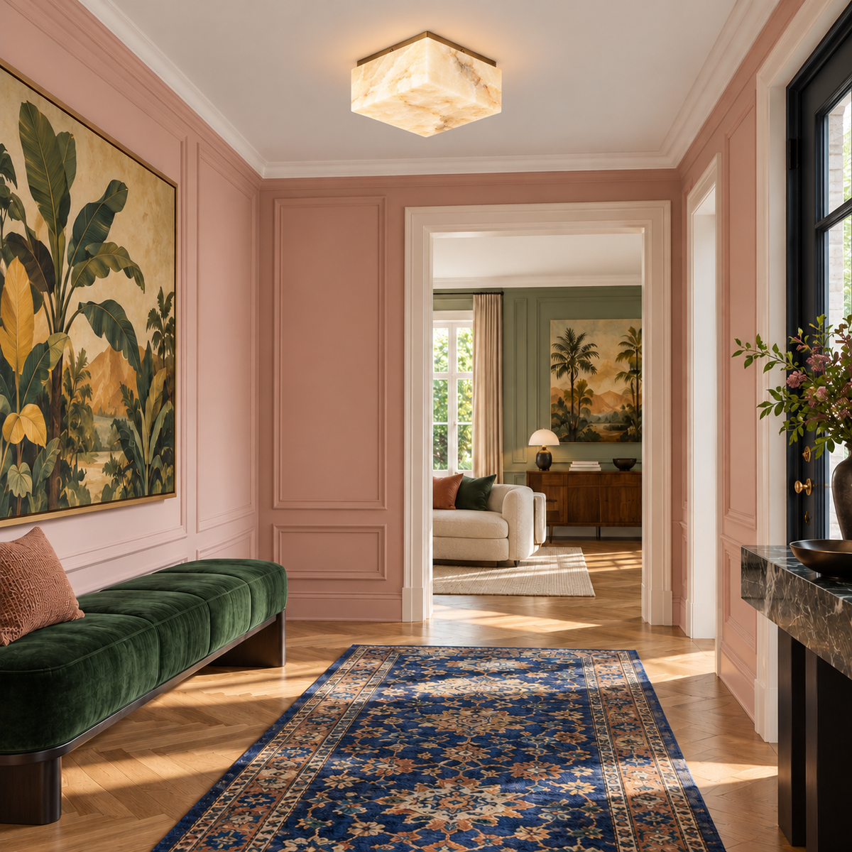 Square honey onyx flush mount on the ceiling of a pink entryway.