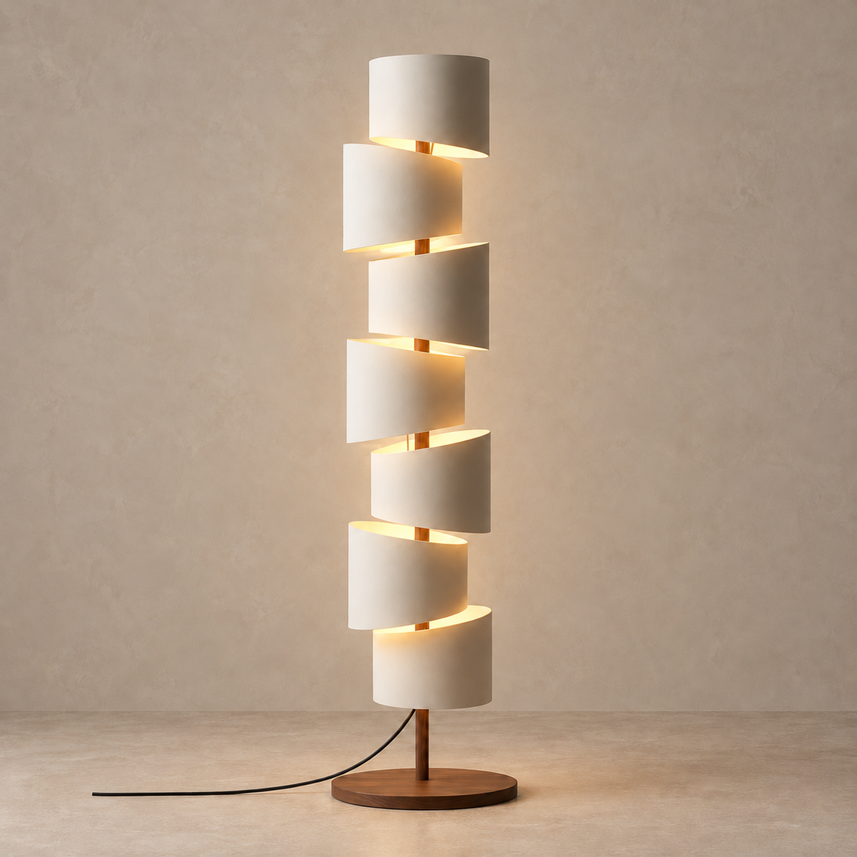 CL7895 stacked cylinder floor lamp illuminated with warm-white light between its stacked shades