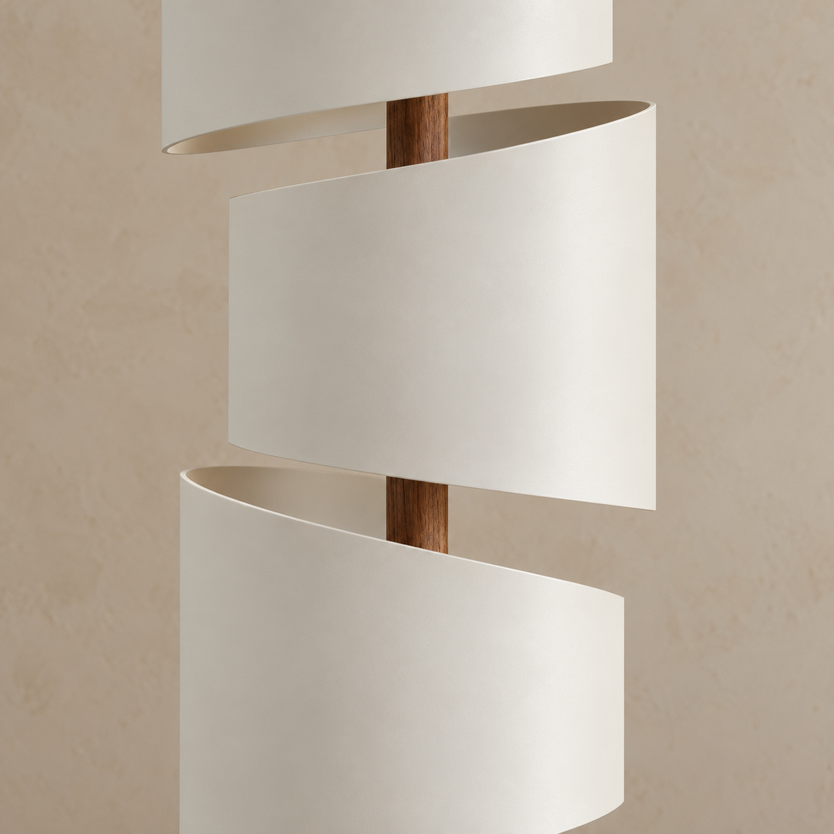 Close-up of the stacked cylinder lamp's curved metal shades and exposed wooden upright