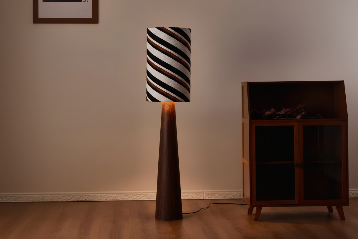 Striped Japandi Floor Lamp | Walnut Base with Sculptural Shade Casalolalights Luxury Lamps for Interior Designers