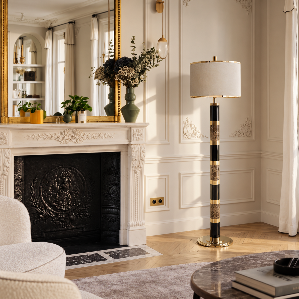 CLKIS025D floor lamp standing beside an ornate fireplace and gilt mirror.