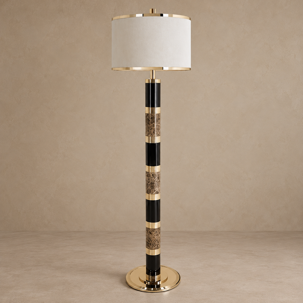 Striped marble and brass floor lamp switched off, with a white drum shade.