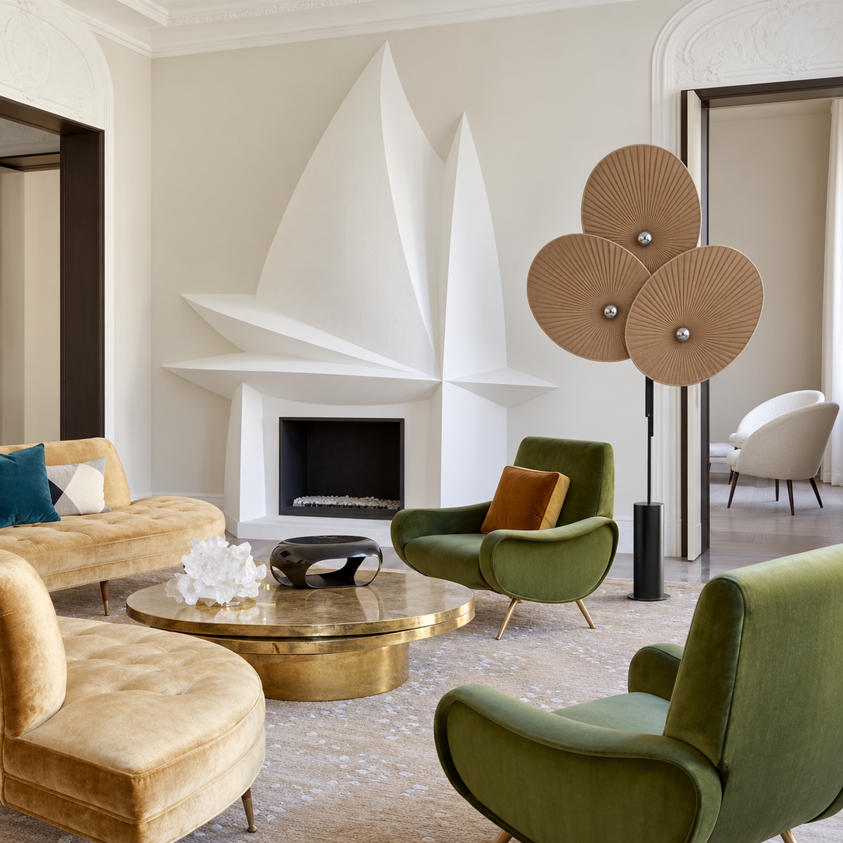 Brown Svelo floor lamp beside a green armchair in a Parisian living room with a sculptural fireplace.