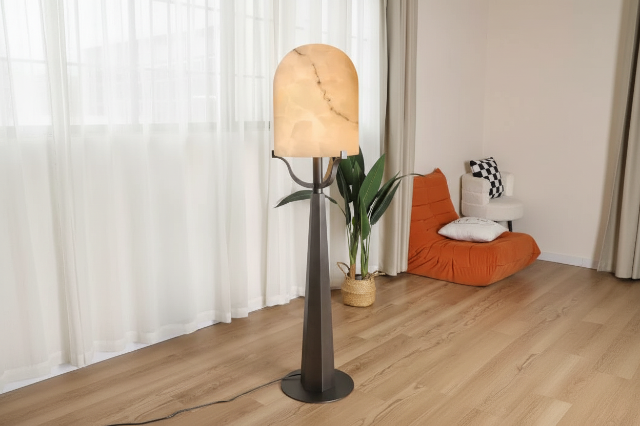 Solid Italian Alabaster Dome Floor Lamp | Art Deco Iron Base | 150cm Organic Luxury Lighting | Casalola Lights