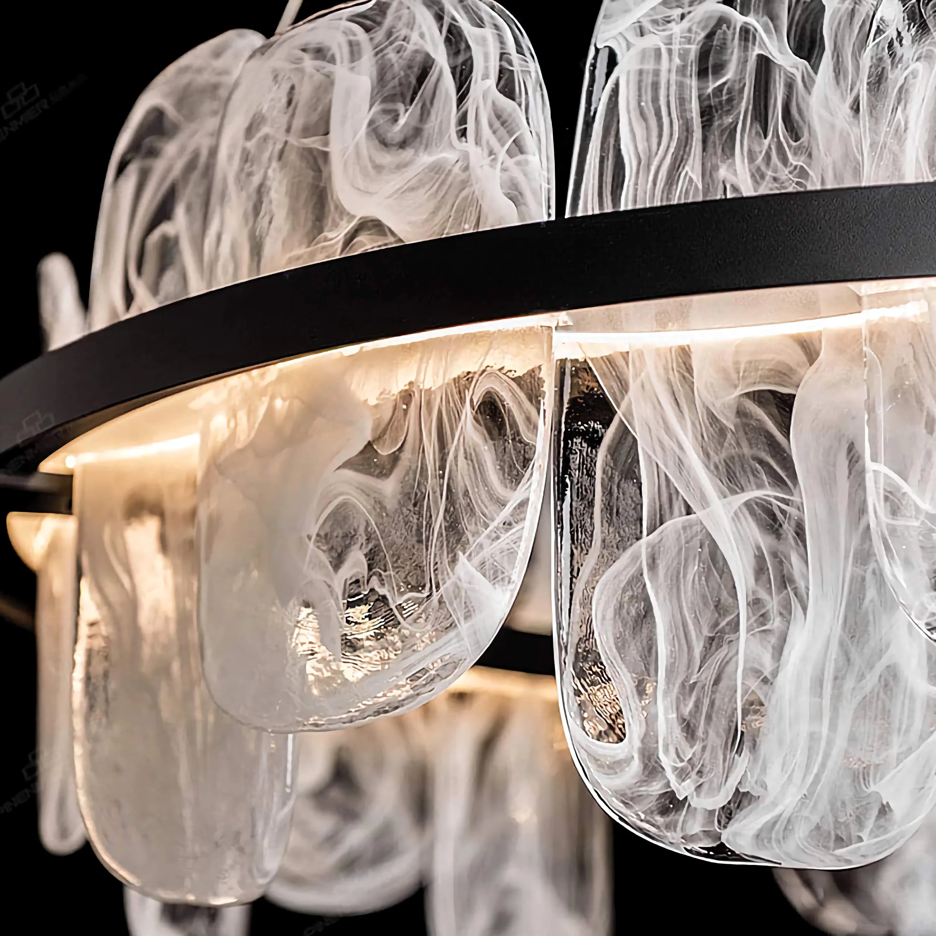 Blown Glass Art Chandelier | Suspended Led Ring with Smoked Crystal Shards | Modern Statement Light for Dining or Lobby