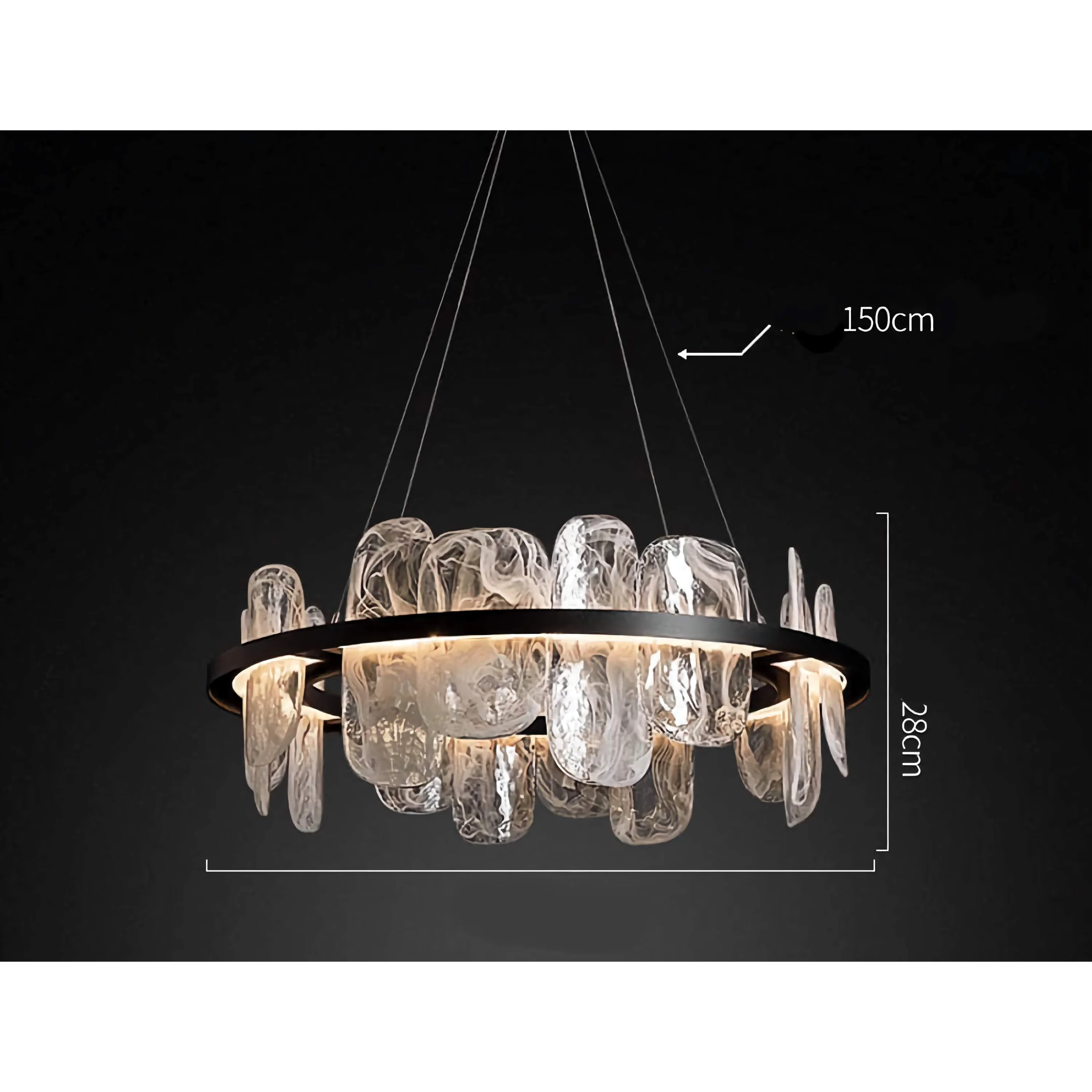 Blown Glass Art Chandelier | Suspended Led Ring with Smoked Crystal Shards | Modern Statement Light for Dining or Lobby