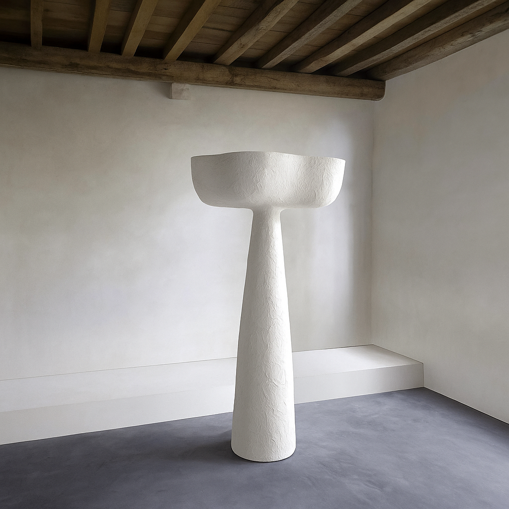 White pedestal in a minimalistic room with wooden ceiling