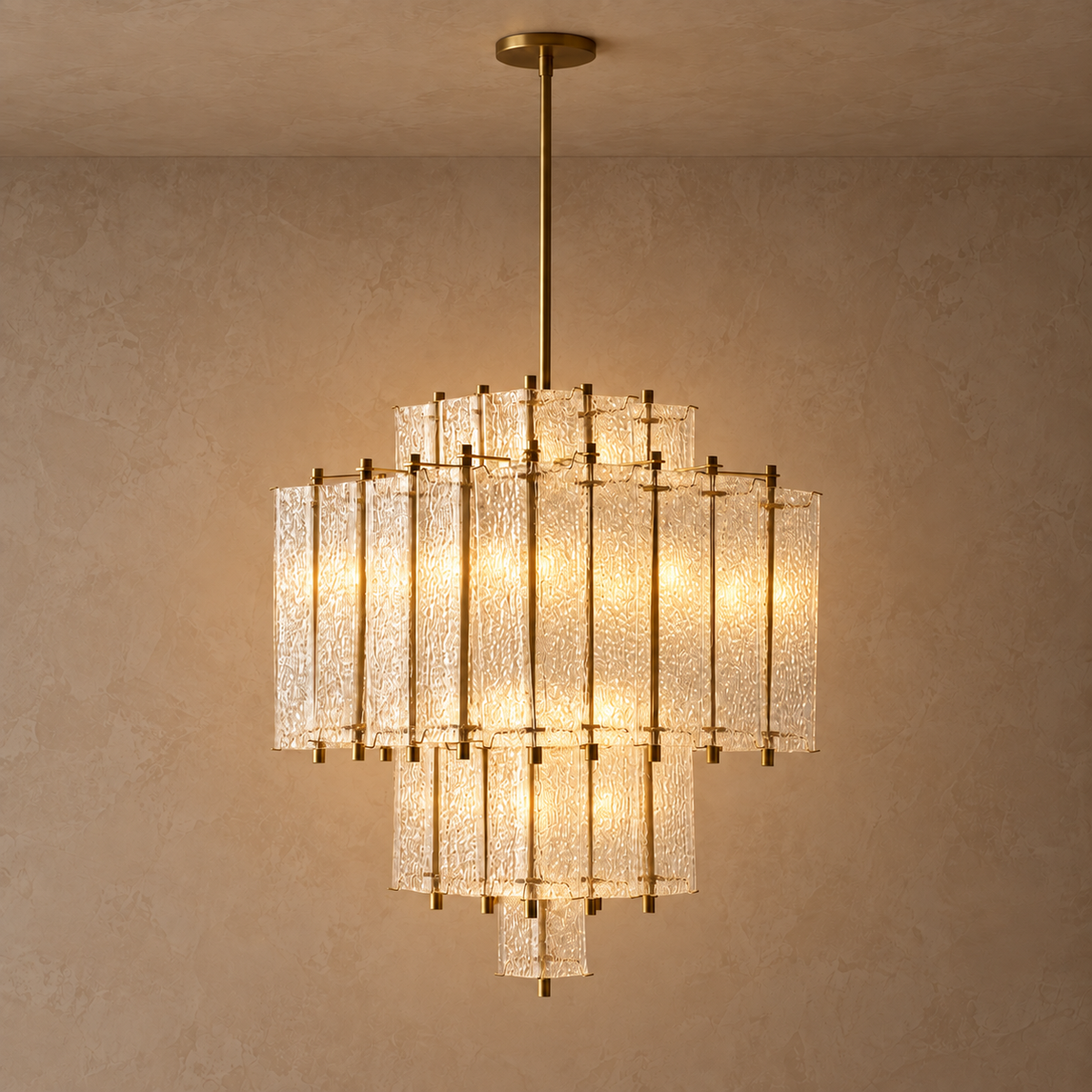 Hand Blown Glass Chandelier Brass | Tall Vertical Form for a Stairwell or Entrance Hall Compact Casalola Lights Luxury