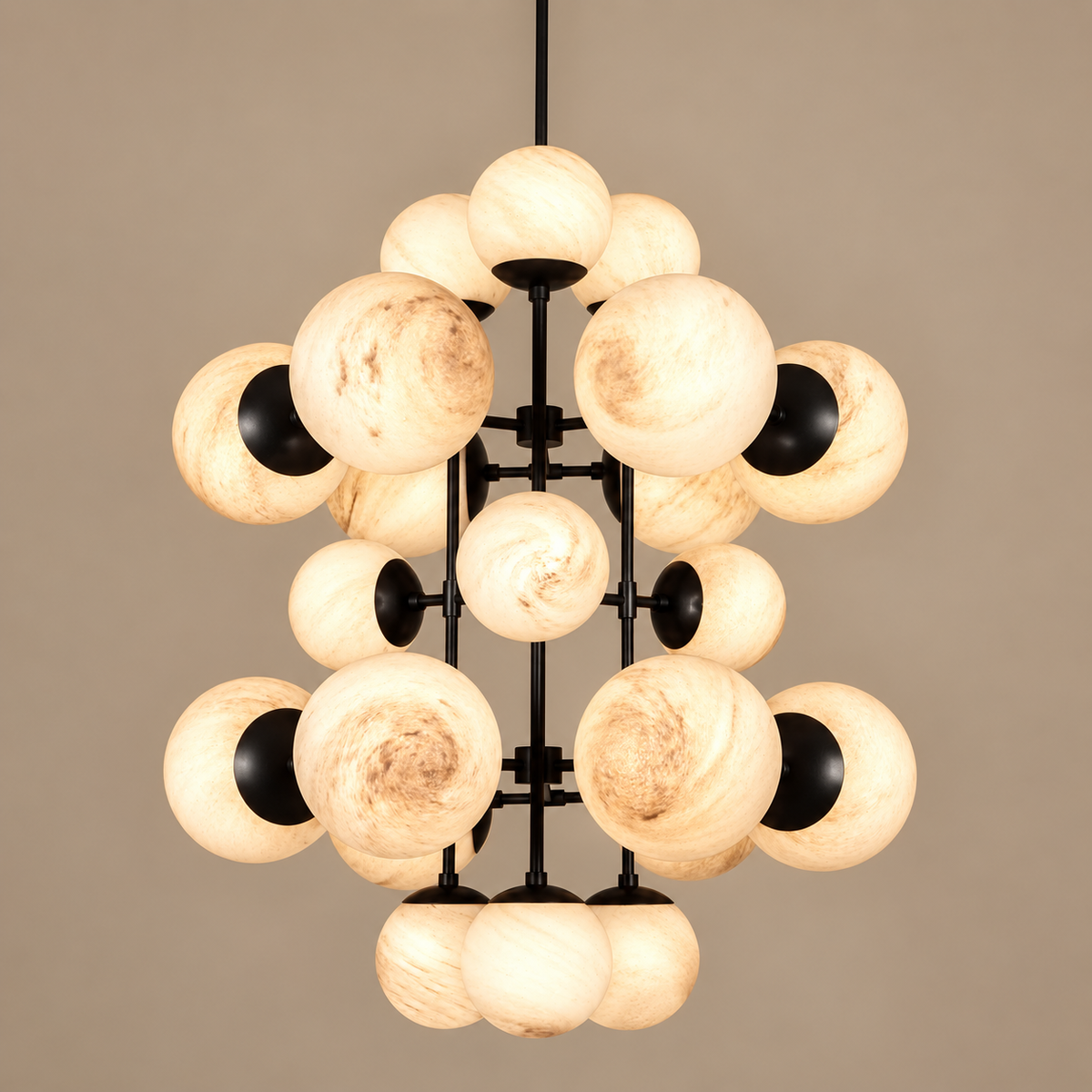 Alabaster or Glass Globe Chandelier for Foyer Stairwell | 19 Spheres 44.5 in Tall Brass Black Casalola Lights Luxury