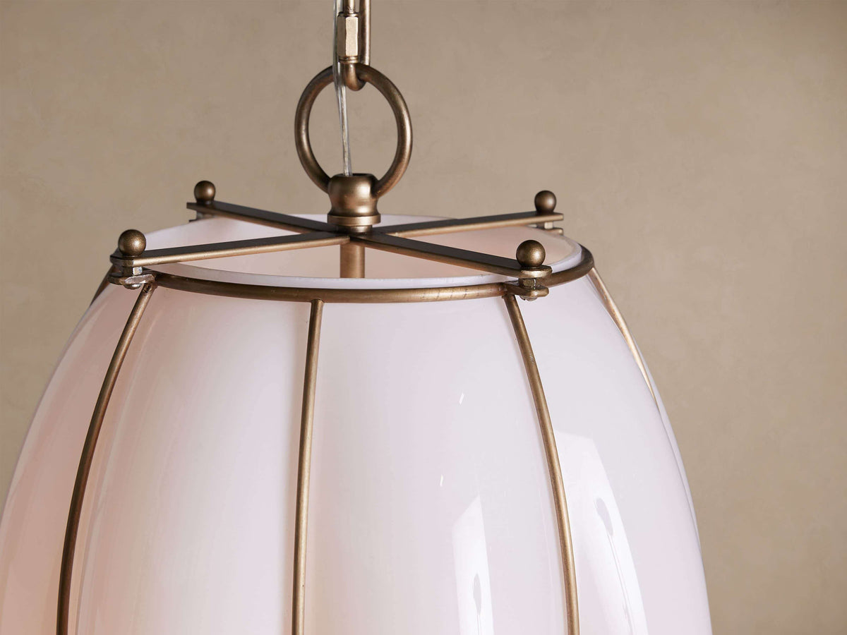 Milk Glass Lantern Pendant Light for Stairwell Entry & Kitchen Island | 20.5 Inch Tall Brass Cage Chain Casalola Lights