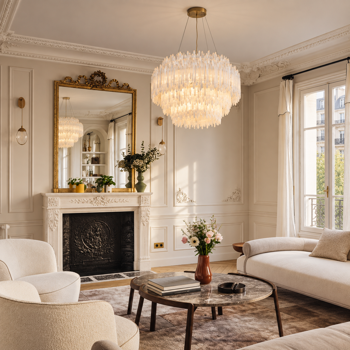 Natural Selenite Crystal Chandelier Brass | Double Height Foyer or Primary Bedroom Heavy Duty Mount Casalola Lights