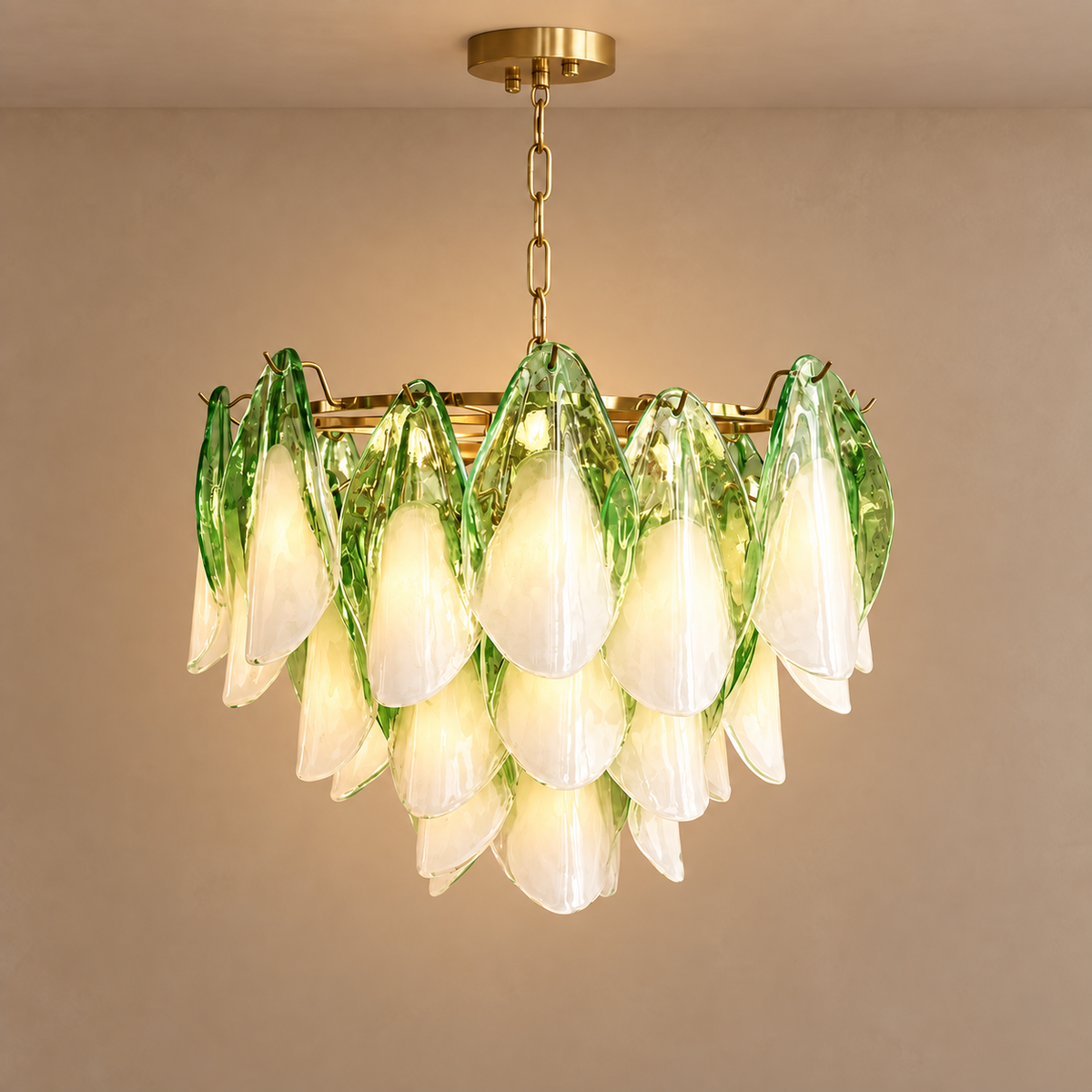 Green and White Glass Chandelier Steel | Two Sizes for a Round Dining Table or Entry Sloped Ceiling Casalola Lights