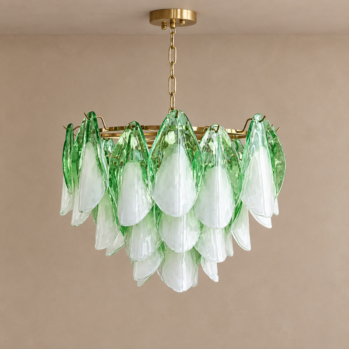 Green and White Glass Chandelier Steel | Two Sizes for a Round Dining Table or Entry Sloped Ceiling Casalola Lights