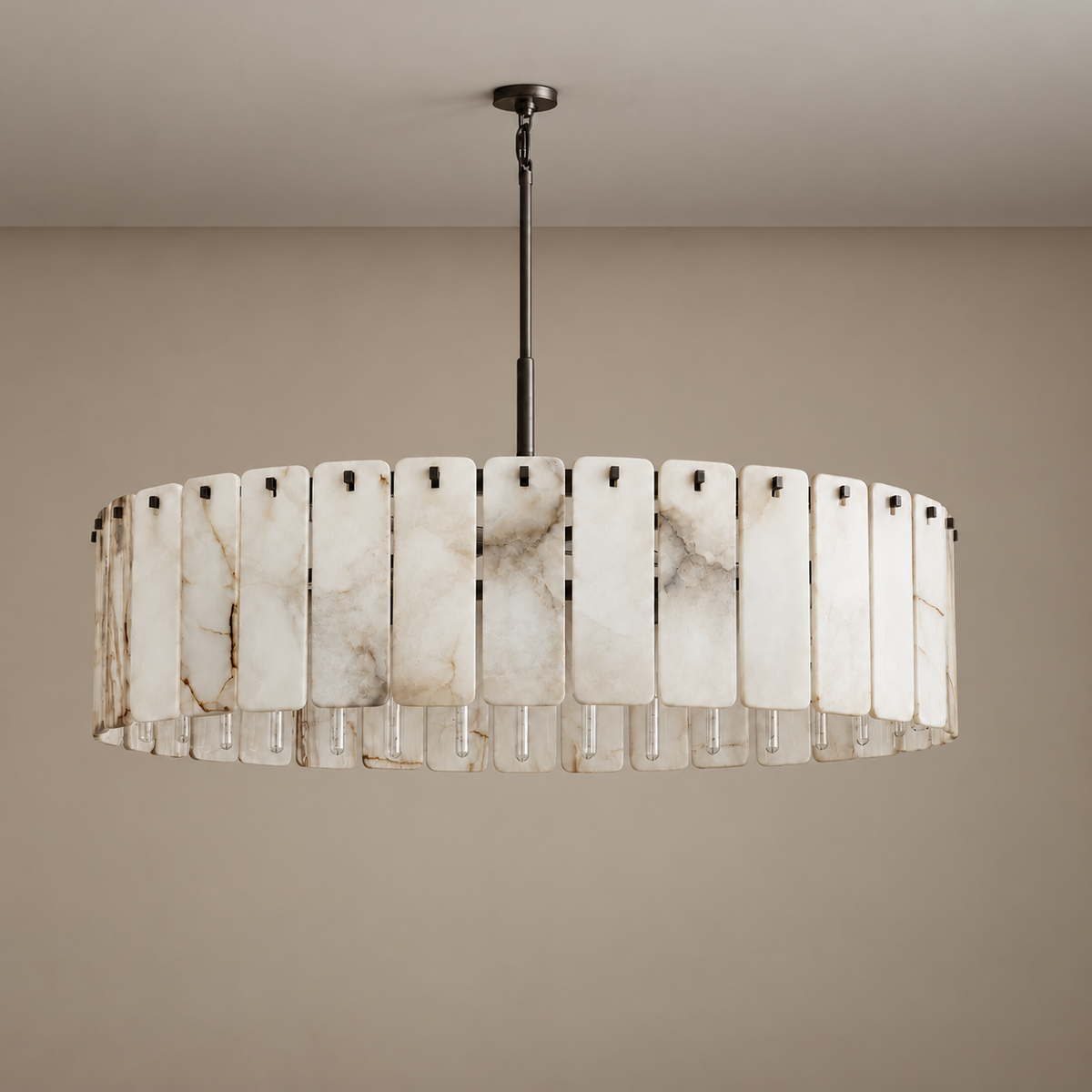 Wide Matra chandelier with black suspension and natural alabaster panels.