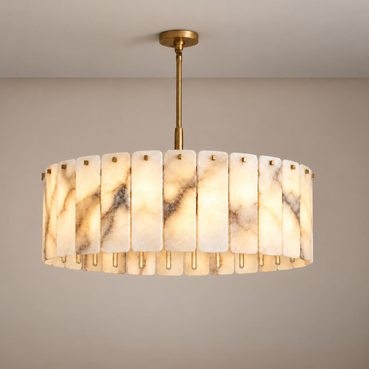Matra brass alabaster drum chandelier, illuminated.